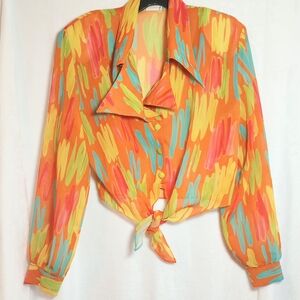 Vibrant Vtg Sheer Tie Waist Water Color  80s Electric Retro Blouse Shoulder Pads
